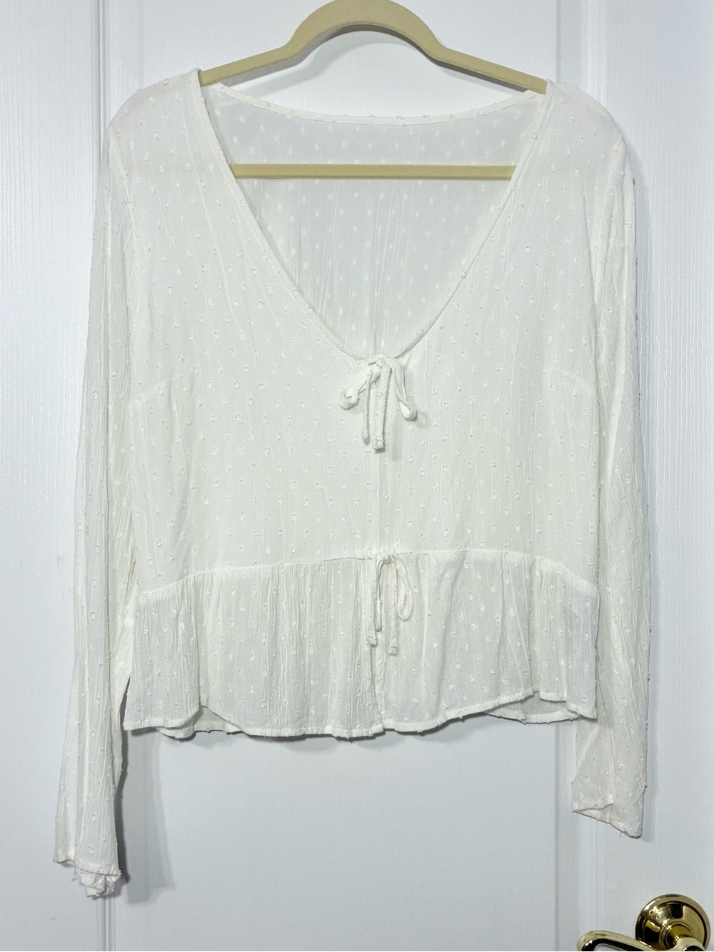 Abercrombie & Fitch Swiss Dot Tie Front Peplum Long Sleeve Blouse White Medium